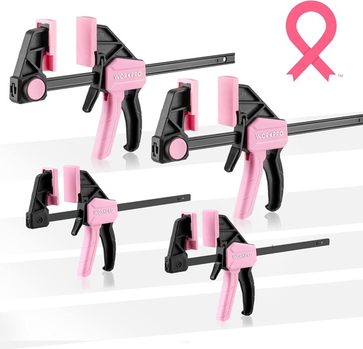 [BRSW2AT5BYBWMG3G] WORKPRO Mini Bar Clamps for Woodworking, 6"(2) and 4-1/2"(2), 4-Piece One-Handed Clamp/Spreader, Light-Duty Quick-Change F Clamp with 150lbs Load Limit - Pink Ribbon