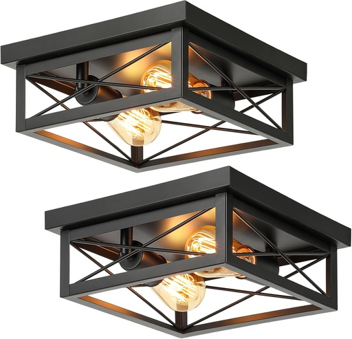 [BRSROZQ5DJ6BSFA4] 2-Light Industrial Square Flush Mount Ceiling Light, Farmhouse Ceiling Light Fixture for Kitchen, Modern Black Close to Ceiling Light for Hallway Bedroom Balcony Porch Stairway, E26, 2-Pack