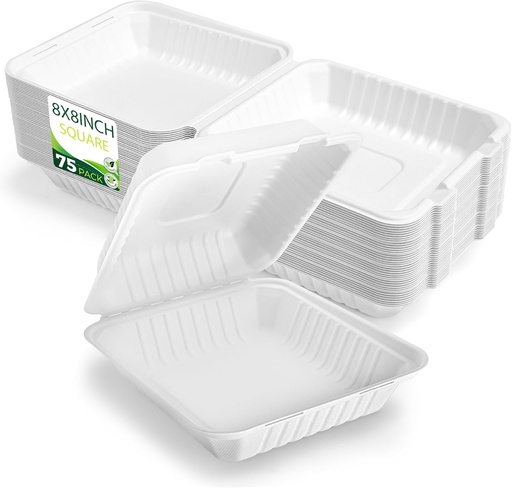 [BRSRAZIZCUCAE3L6] 75 Pack 8”x8” Take Out Containers with Lids, EXTRA Sturdy To Go Food Containers, 100% Compostable Clamshell Take Out Containers, To Go Boxes for Food