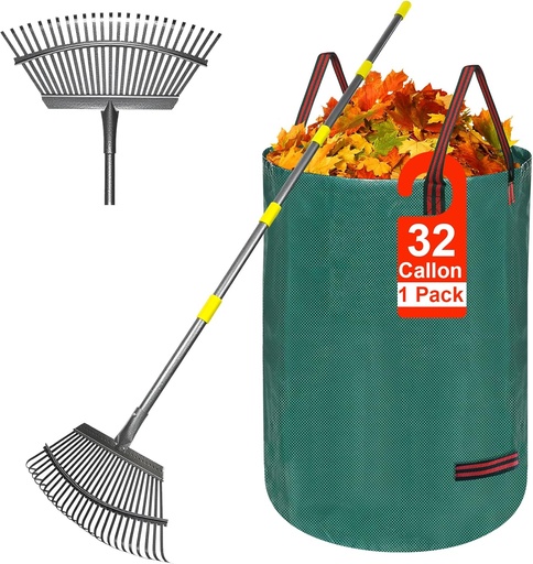[BRSRECQOPICGYFL5] Adjustable Metal Leaf Rake Set, 38-73" Handle, 19" Wide with Gallon Leaf Bags – Heavy Duty Garden Rake for Lawns, Shrubs, Grass, Flower Beds & Outdoor Use