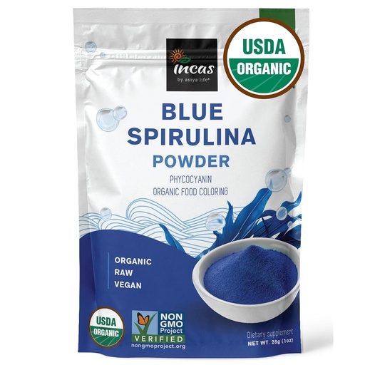 [BRSWYCY3A4FREH3V] USDA Organic Blue Spirulina Powder (Phycocyanin Extract), No Fishy Smell, 100% Vegan Protein from Blue-Green Algae, 28 Servings, Natural Food Coloring for Smoothies, Baking & Drinks (1 Ounce)
