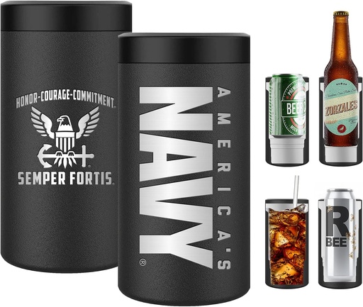 [BRSW2ELYO5YGYG36] Navy 4 in 1 Insulated Can Cooler, Stainless Steel Double-Walled Insulator for 12 oz Standard or Skinny Slim Cans, 12 Oz Beer Bottles & Mixed Drinks – Navy 4 in 1