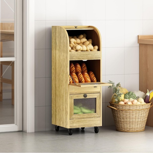 [BRSREAANDEIWADIV] Potato and Onion Storage Bin,Potato Storage Bin Movable Bread Box with Wheels,Root Fruit and Vegetable Storage,Farmhouse Bread Storage Container,Pantry Cabinet for Kitchen (Natural)