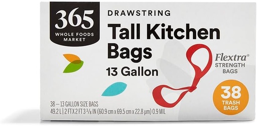 [BRSWGYYNCQMW2YDG] 365 by Whole Foods Market, Flextra Strength Drawstring Tall Kitchen Trash Bags, 13 Gallon, 38 Count