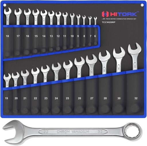 [BRSRE2YZCINRED36] HITORK 25 Piece Metric Wrench Set (6-32 mm) CrV Steel Matt Finish with Polished Head 12 Point Box End 15° Offset Roll Up Pouch Durable Combination Wrench Set for Home, Garage & Auto Repair