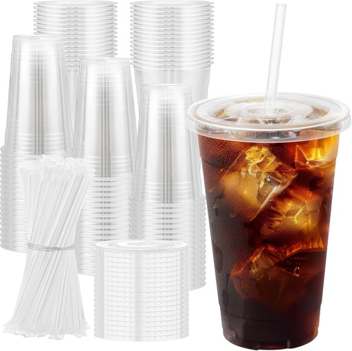 [BRSREA35CQNWCEQZ] 100 Pack 20 oz Plastic Cups with Lids and Straws Sturdy Food Safe Iced Clear Coffee Cups Disposable Smoothie Cups for Cold Drinks