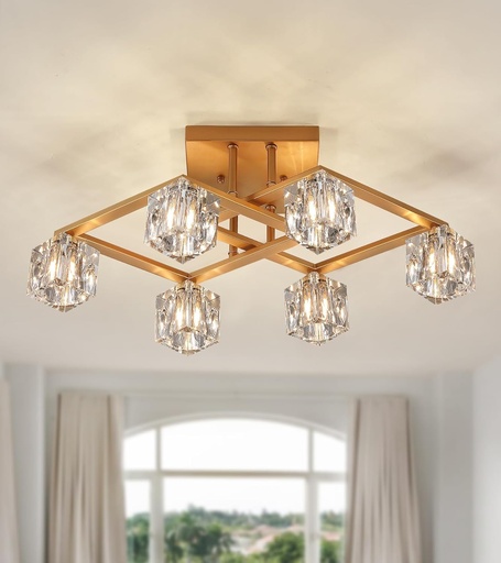 [BRSROYL2CUCQK33F] AMZASA Modern Crystal Chandelier,Gold Semi Flush Mount Ceiling Light Antique Brass Geometric 6 Lights Light Fixture for Dining Room Living Room Bedroom Kitchen Island Office