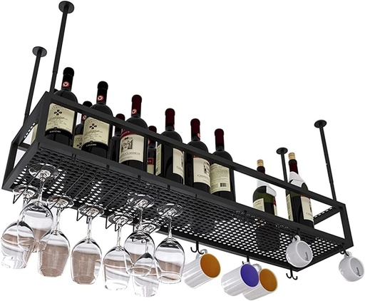 [BRSROBIKCACR6YIY] Ceiling Hanging Wine Rack with Glass Holder and Shelf | Upside Down Wine Glass Rack with Boom Adjustable Height Bottle Holder Wine Champagne Goblets Stemware Racks, for Kitchen Cellar Bar/120 * 2 (()