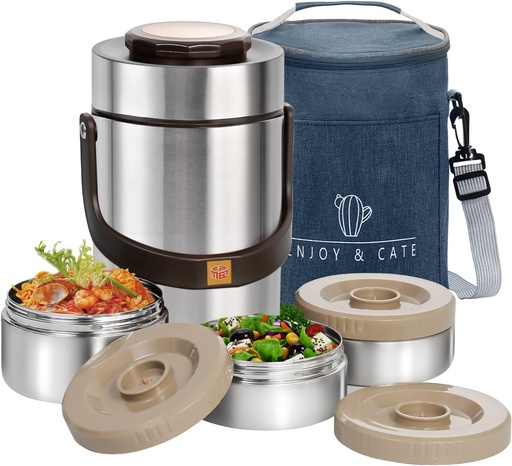 [BRSRMHYCDINAOADJ] 67 oz Adults Stainless Steel Vacuum Insulated Wide Mouth Soup Food Thermo Hot Food Jar with Keep Thermal Portable 3 Tier Stackable Bento Hot Food Containers Lunch Boxes (67 oz Silver)