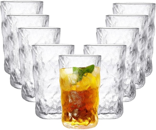 [BRSW2FQ2OJ6B42D5] Frcctre 9 Pack Vintage Drinking Glasses, 13 oz Romantic Water Glasses Tumblers Hammered Glacier Beverage Tumblers Vintage Glassware Set for Beverages, Juice, Beer, Water, Cocktails, Whiskey