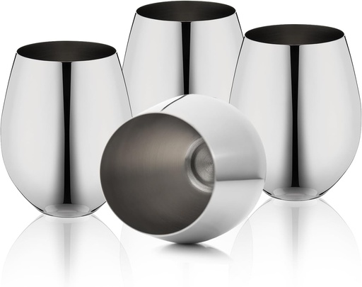 [BRSRAZQQCAJWYDTX] WOTOR Stemless Stainless Steel Wine Glasses Set of 4, 18oz Unbreakable Metal Wine Glass, Fancy, Unique Wine Goblets for Outdoor, Travel, Camping and Pool, Ideal Gift for Wine Lovers (Silver)