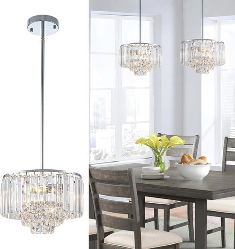 [BRSREZAHAQPQ4H3H] 11" Pendant Lights Kitchen Island Chrome, 2-Light Modern Crystal Chandeliers for Dining Room Light Fixtures over Table, 4-Tier Round Bathroom Chandelier Pendant Light Fixtures for Entryway Bedroom
