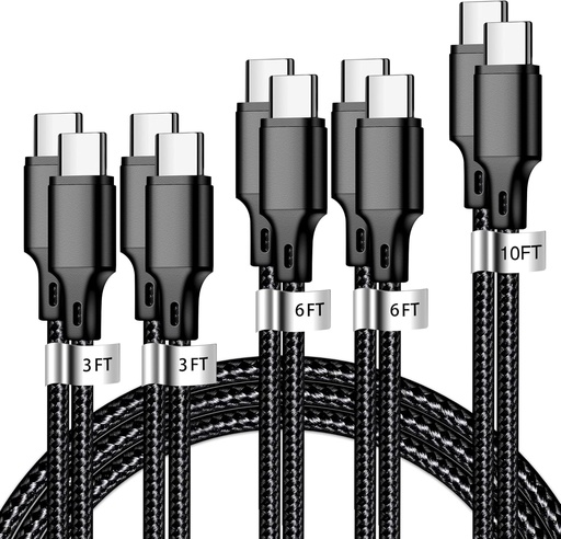 [BRSRAAITCIIBO2TO] USB C to USB C Charger Cable, 5 Pack [3/3/6/6/10ft] Type C Fast Charging Cord High Data & Transfer Wire Compatible for iPhone 17/16/15 Plus/Pro Max iPad Pro Air Ps5 Controller Samsung Galaxy(Black)