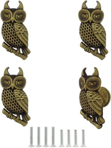 [BRSRMAARDN7BADTZ] Cabinet Knobs, Vintage Decorative Metal Owl Knobs Pulls Handles for Door Drawer Cupboard Closet, Antique Dresser Knob Kitchen Home Hardware Furniture Handle 4Pcs (Bronze)