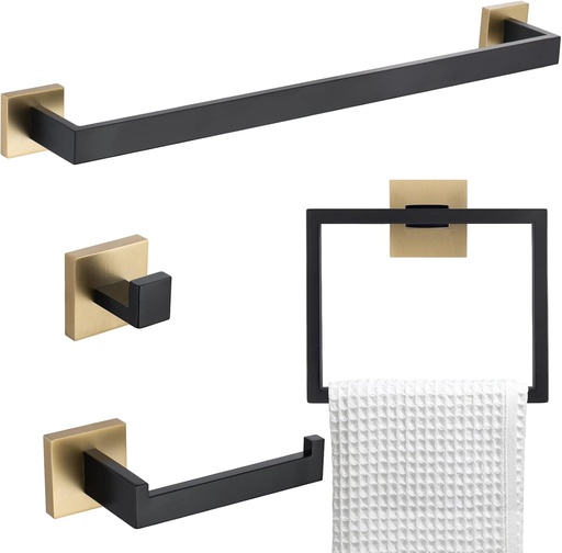 [BRSRMYAHCMIRSE37] Bathroom Towel Bar Holder Sets Black and Gold 4-Piece Bathroom Hardware Set Stainless Steel Bath Accessories Kit. Wall Mounted,23.6 Inch