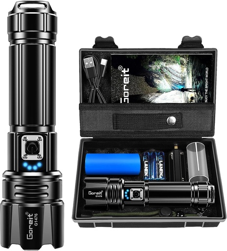 [BRSW2AILPMFRU3AZ] Goreit Super Bright LED Flashlight - 30W Output for 20000 Lumens & 3937ft Beam, USB-C Rechargeable with 12H Runtime, IP67 Waterproof Powerful Handheld Linternas for Home, Camping, Hiking, Emergency