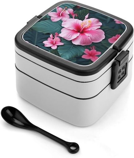 [BRSREHYHPMFQYDT4] Stackable Double-Layer Bento Box Hawaii Flower Adults Lunchbox with Spoon Cute Japanese Bento Box Dishwasher Safe for Work Travel Dining Outc