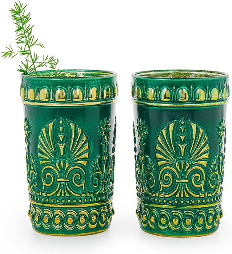 [BRSREGT7CVYR6HTO] Sungmor Vintage Green and Gold Tumblers - Set of 2 Embossed Glasses, 10.8 oz Decorative Drinking Cups for Water, Juice or Cocktails - Elegant Baroque Glassware for Party or Special Occasions