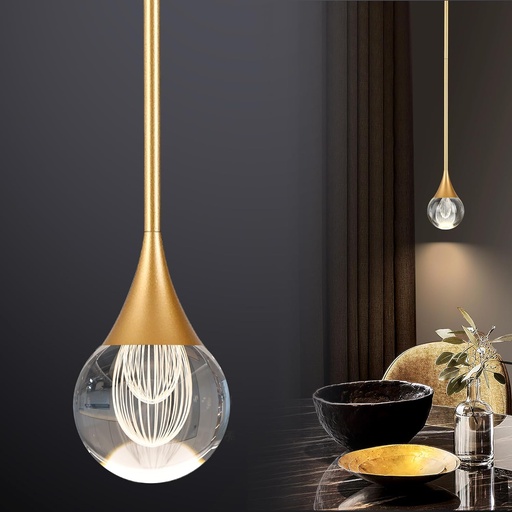 [BRSROFIFCUMWYGQ2] 1-Light Teardrop Crystal Pendant Light, Brass Gold Globe Ceiling Hanging Light Fxitures, LED Raindrop Light Fixtures Metal Rod Ceiling Glass Pendant Lighting for Kitchen Island Dining Room Bar