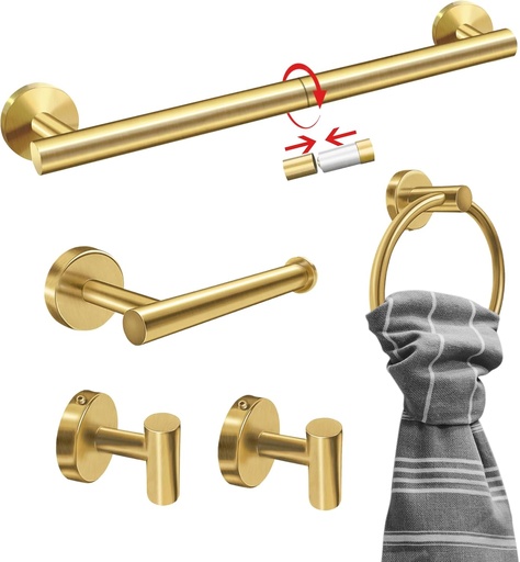 [BRSRAAIPCQHBUC32] 5PCS Brushed Gold Bathroom Accessories Set, Bathroom Hardware Set, Splicing 24 Inch Stainless Steel Bath Towel Bar Set, Gold Bathroom Accessories Wall Mounted