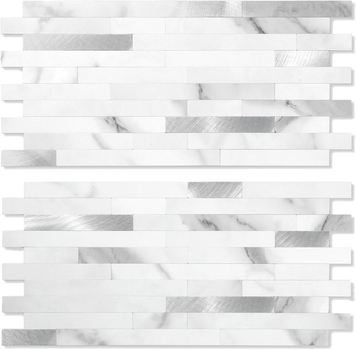 [BRSRAHAPOQBWYE3J] Yipscazo 10 Sheets Peel and Stick Stone Metal Backsplash, PVC Wall Tiles Stick on Tiles for Backsplash Kitchen, Bathroom, Fireplace (6'' X 12'', Marble White)