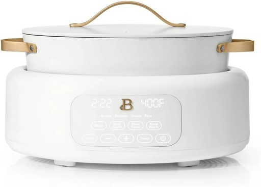 [BRSREHAOB57AKCIY] Beautiful 10-in-1 Electric Multi-Cooker, 6-Quart, Digital Display, Non-Stick Pot, One-Touch Control, 10 Cooking Functions (White Icing)