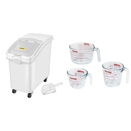 [BRSRO23QA4BW2HIV] 27 Gallon Ingredient Storage Bin 500 Cup Ingredient Bin with Scoop and Sliding Lid Commercial Food Container & Pyrex 3 Piece Glass Measuring Cup Set, Includes 1-Cup,and 4-Cup Tempered Cups