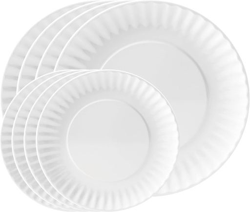 [BRSREFDQDMAR6DLA] TP Melamine Dinner Plates Set of 8, 8" Salad Dessert Plates and 10.5" Dinner Plates, Dinnerware Set for 4, Indoors and Outdoors, White