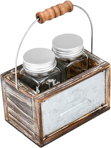 [BRSRMBINDMPRQCDL] Rustic Kitchen Salt and Pepper Shakers Set with Wood Caddy Clear Glass Salt & Pepper Shaker Dispensers Set Easy to Clean & Refill Vintage Farmhouse Kitchen Party Home Decor, Restaurants, and Gift