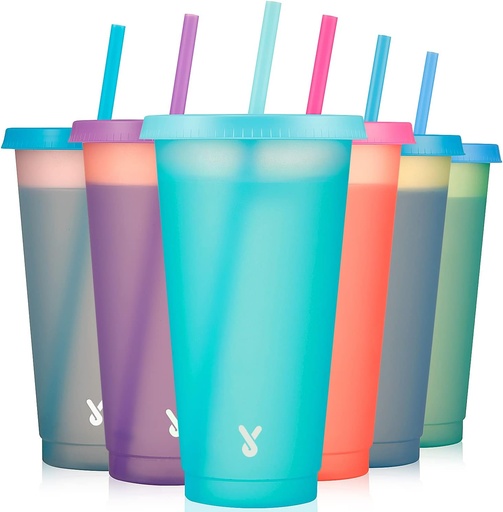 [BRSW2AYEAV7BSELX] Meoky Plastic Cute Cold Cups with Lids and Straws Bulk for Iced Coffee - 6 Pack 24 oz Color Changing Reusable for Adults Kid Women Party