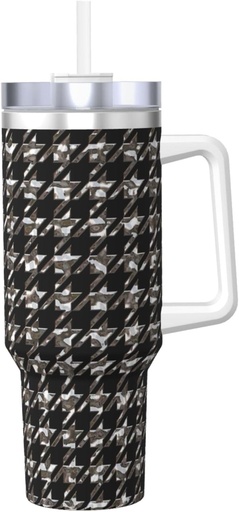 [BRSRAFD3A4HBOA3Z] Houndstooth Large Silver 40 Oz Tumbler With Handle And Straw Lid, Insulated Reusable Stainless Steel Travel Mug Iced Tea Or Coffee, Smoothie And More