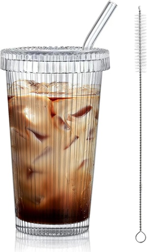 [BRSROCANBUHBEAL7] 13oz Clear Iced Coffee Cups with Lids, Clear Glass Tumbler with Straw & Lid, Ribbed Glassware Cups, Dishwasher Safe Drinking Glasses, Stylish Glass Cups for Coffee, Juice, Tea, Matcha