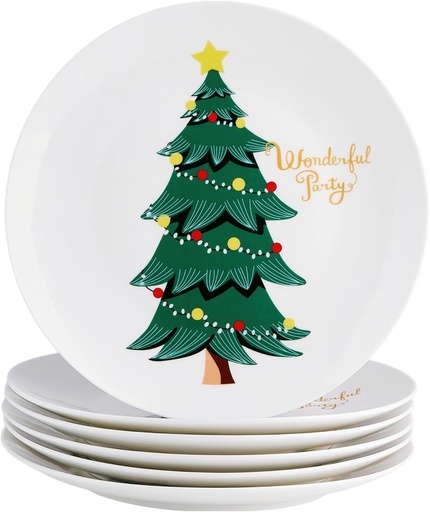 [BRSREFAFC4GRODYU] Christmas Dinner Plates - Set of 6, 10 inch Bone China - Dishwasher & Microwave Safe Holiday Tree Main Course Plates,Xmas Novelty Funny Gift for Women, Men,Family