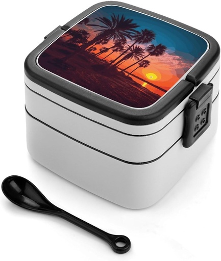 [BRSRA2YHPN6RUD3A] Palm Tree Sunset Bento Box Double Layer Lunch Box with Spoon And Handle All in One Stackable Lunchbox Adult Lunch Container for Women Men Work Picnic Camping