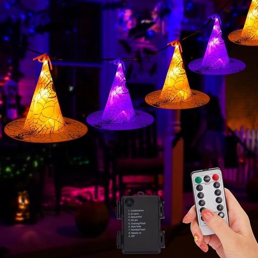 [BRSW2YA2CN4BGCD2] Battery Operated Halloween Lights Witch Hat Decoration,8 Pack Orange and Purple Hanging Lighted Hats with 56 LED Warm White Lights with Remote, Floating Witch Hat Light for Indoor Outdoor Decoration