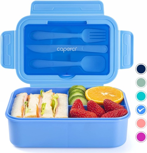 [BRSW2CD7BEHG2A3Z] Caperci Classic Bento Lunch Box for Adult & Older Kids - Leakpoof 47 oz 3-Compartment Lunch Containers for Adults and Teens, Built-in Utensil Set, Ideal for On-the-Go, Blue