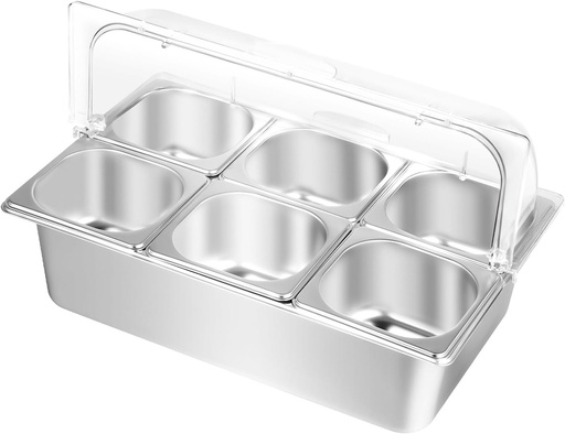 [BRSREZIFPNYRUDI4] Countertop Food Serving Display Container, 6 Pans Stainless Steel Food Serving Tray with Clear Roll Top Cover, Buffet Condiment Dispenser Display Rack Restaurant Hotel Kitchen Party