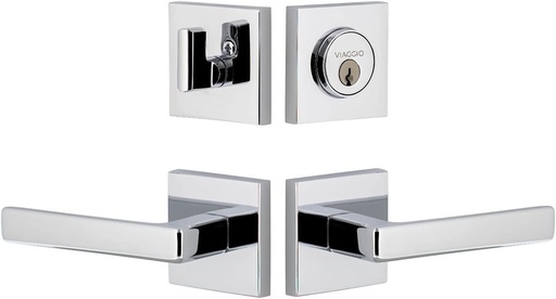 [BRSROZT4O4OQ43DH] Viaggio QADLUS_Combo_238_LH Quadrato Left Handed Solid Brass Single Cylinder Keyed Entry Door Lever Set and Deadbolt Combo Pack - 2-3/8" Backset - Bright Chrome