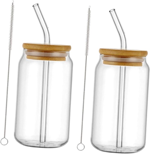 [BRSRABAFCF6Q2F3H] PRETYZOOM 2sets Bamboo Lid Straw Cup Glass Can Water Cups Cold Beverages Iced Tea Tumbler