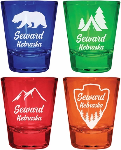 [BRSRA2YBDMFGY2Q2] Seward Nebraska Souvenir 4-Pack Multicolor Engraved Round Shot Glasses Camping and Outdoors Set