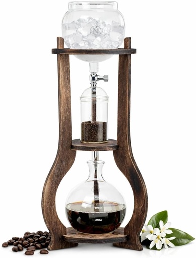 [BRSWIHD5BQIRA3TK] Nispira Iced Coffee Cold Brew Drip Tower Coffee Maker, 6–8 Cup Manual Cold Brew Brewer with Adjustable Valve, Wooden Frame & Glassware, Slow Cold Extraction System