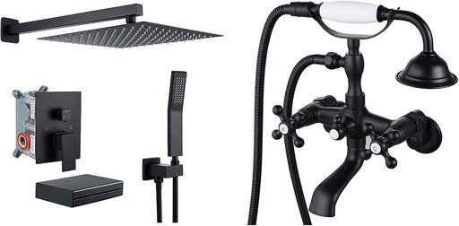[BRSW22QLOICRMAY2] Shower Faucet Set with Waterfall Tub Spout 10’’ Square Rainfall Shower Head Matte Black Clawfoot Bathtub Faucet Double Cross Handle with 3-3/8 Inch Center