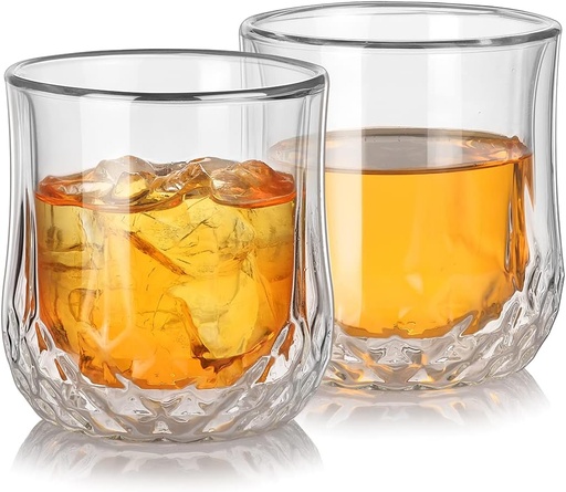 [BRSW2AQKOANBOD3U] Double Wall Glasses Set of 2 for Men Women Drinking Whiskey Bourbon Scotch Cocktails Cold Drinks No Sweat Insulated Tumbler Stemless Wine Glasses Clear Cup in Gift Box Freezer Safe 8OZ