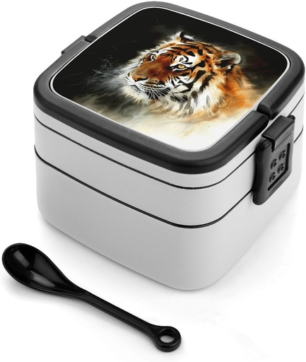 [BRSRAGD2OEGWG2D7] Tiger Bento Box Adult Lunch Box Containers with Spoons Double Layered Lunch Containers Portable Lunch Boxes Food Container for Work Picnic Travel