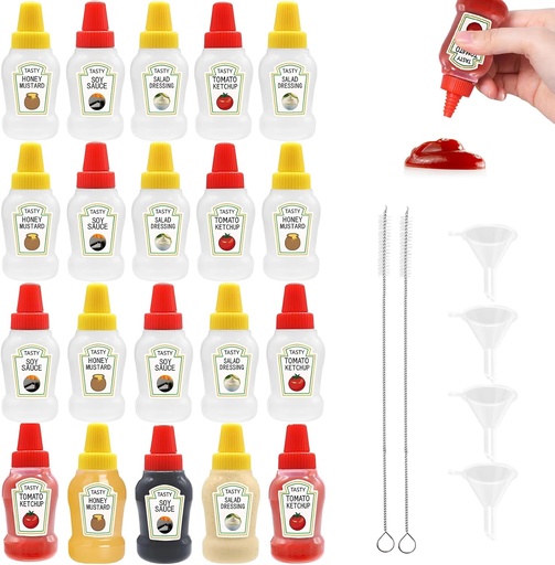 [BRSRAFL3DMMQA235] 20 Pcs Mini Ketchup Bottles for Bento Box Accessories, WATUNID 25ml Portable Condiment Squeeze Bottles with 4Pc Funnels and 2Pc Cleaning Brushes, Plastic Empty Sauce Bottles Containers for Kids Adults