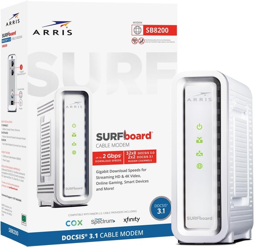[BRSWGFQQOJ7QG23X] ARRIS SURFboard SB8200 DOCSIS 3.1 Multi‑Gig Cable Modem | 2 -1Gbps Ethernet Ports | Works with Xfinity, Cox, Spectrum | For Cable Internet Plans up to 2Gbps | Modem Only, Router Required