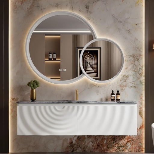 [BRSRE2YQOENA4GQ4] 32 in Bathroom Vanity with Sink - Modern Floating Bathroom Vanity Cabinet with LED Smart Defogging Mirror & Drawer | Solid Oak | Stylish Wave Design | White