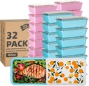 32 Pack 42 oz Meal Prep Containers, Reusable Plastic Food Prep Storage Containers with Printed Lids, Stackable, Leakproof, Microwave & Freezer & Dishwasher Safe,To Go Take Out Box, Orange