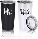 Mr and Mrs Tumbler Set of 2 Stainless Steel Travel Tumbler Ideas for Newlyweds Couples Wife Bride To Be Newly Engaged Bridal Shower, Insulated Travel Tumbler for Wedding Engagement(20 oz, Black&White)