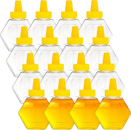 [BRSRMYYTCUHRYHLK] Elsjoy 16 Pack Plastic Honey Bottle Jars, 7 Oz Squeeze Bottles Empty Jars with Spout, Refillable Condiment Bottles Clear Container for Storing and Dispensing, Hexagon Shape